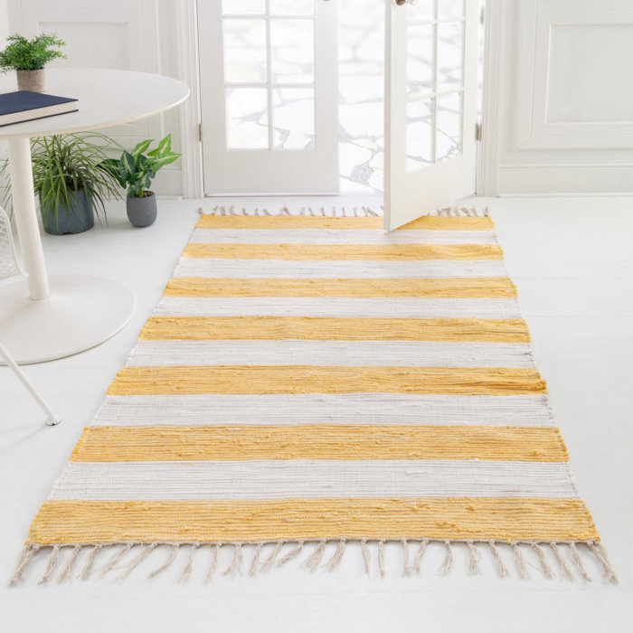 August Grove® Abishanth Handmade Hand Loomed Cotton Yellow/White Rug